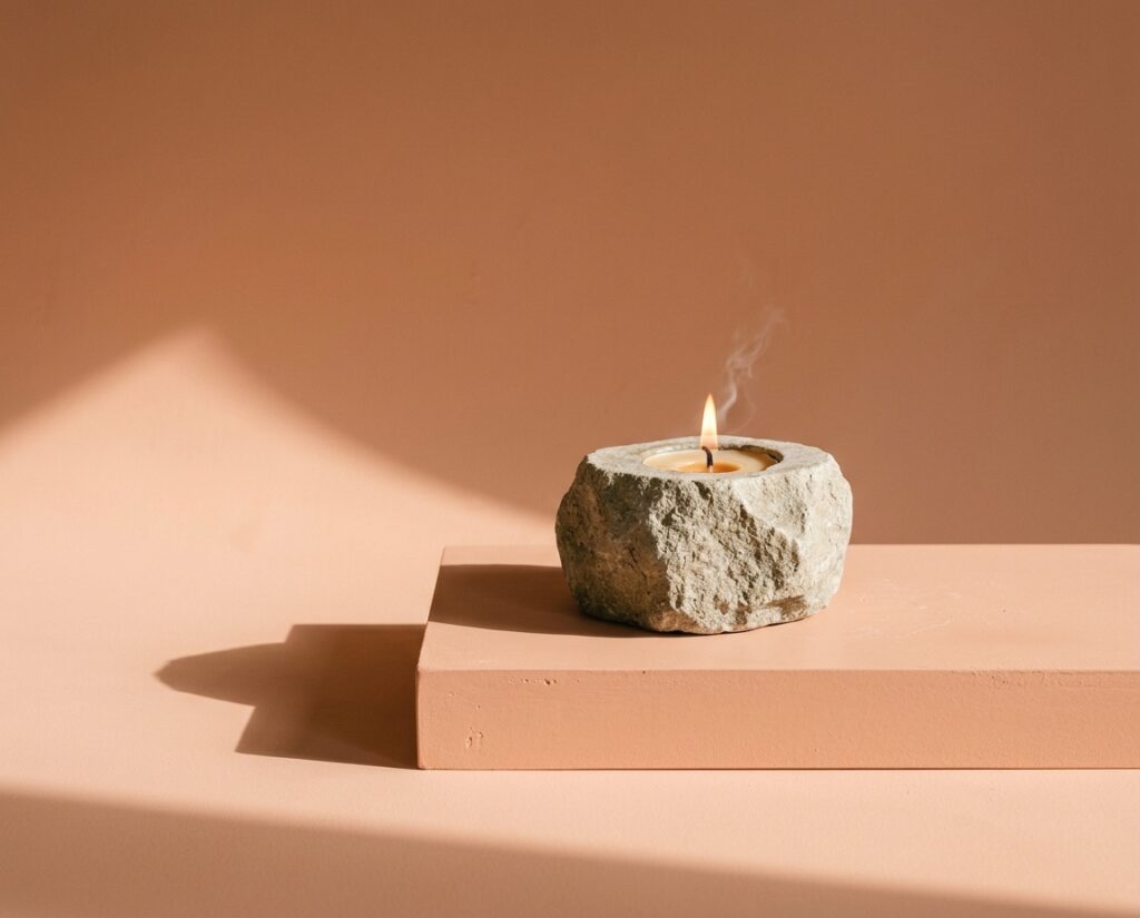 Lit candle in a stone holder on peach