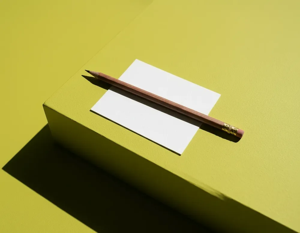 A pencil on a white card on a chartreuse block