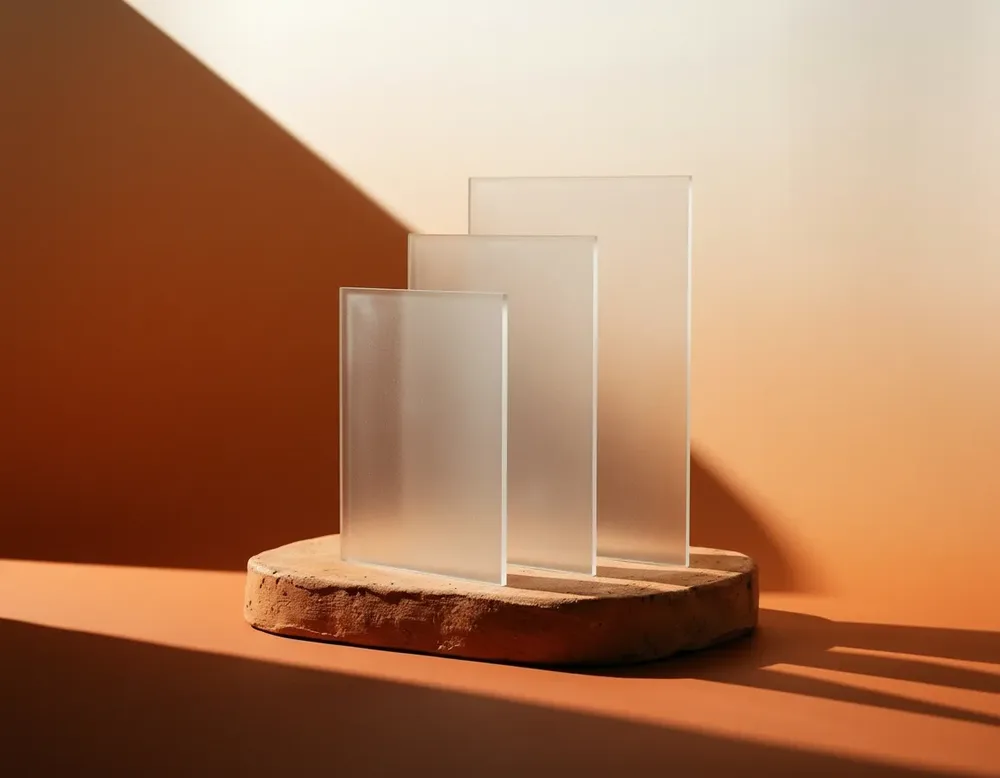 Three frosted panels on a terracotta plinth, from the side
