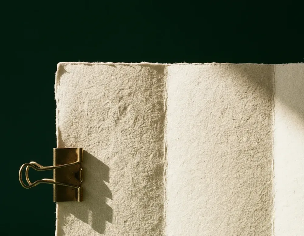 A sheet of handmade paper with a brass clip on dark green