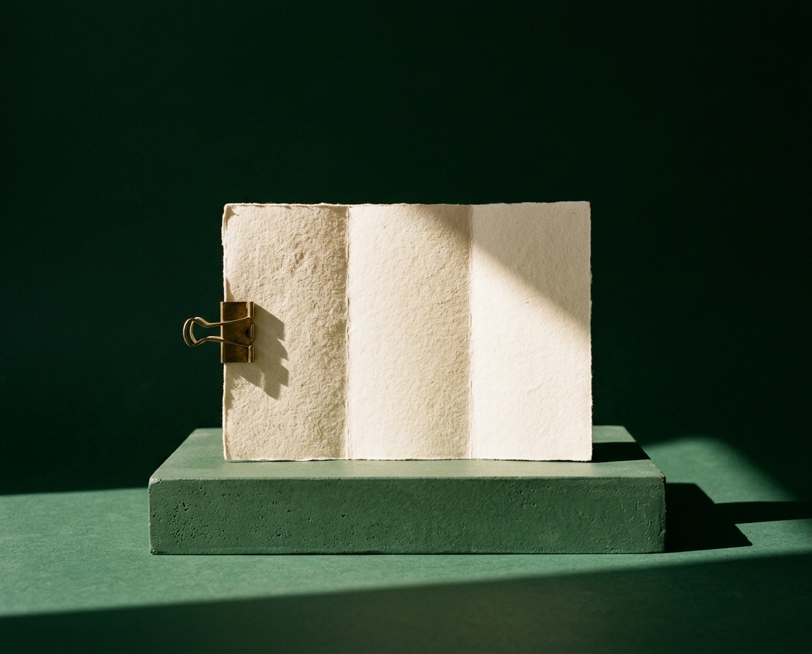 Folded cream paper with a brass clip on green