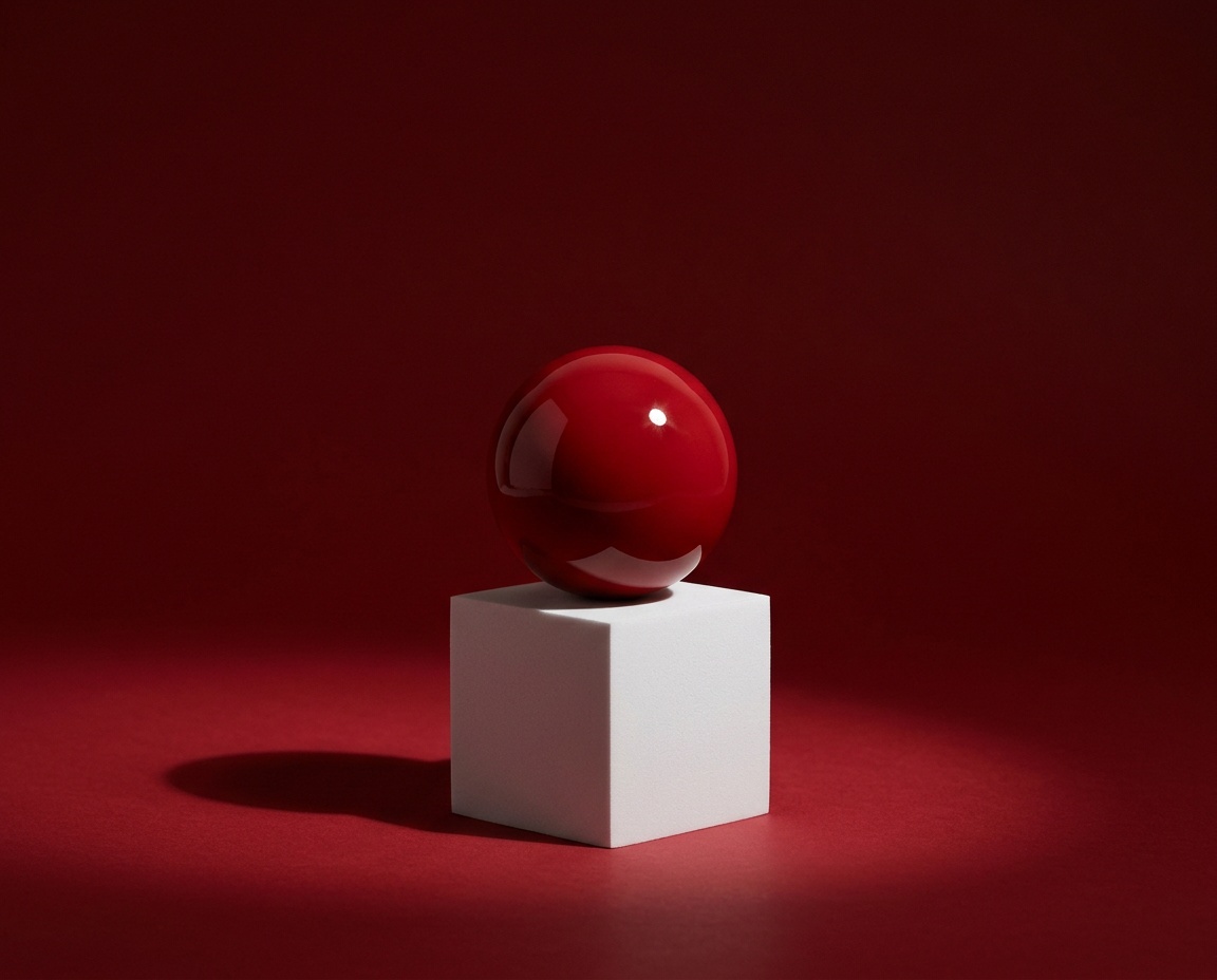 Glossy red sphere on a white cube
