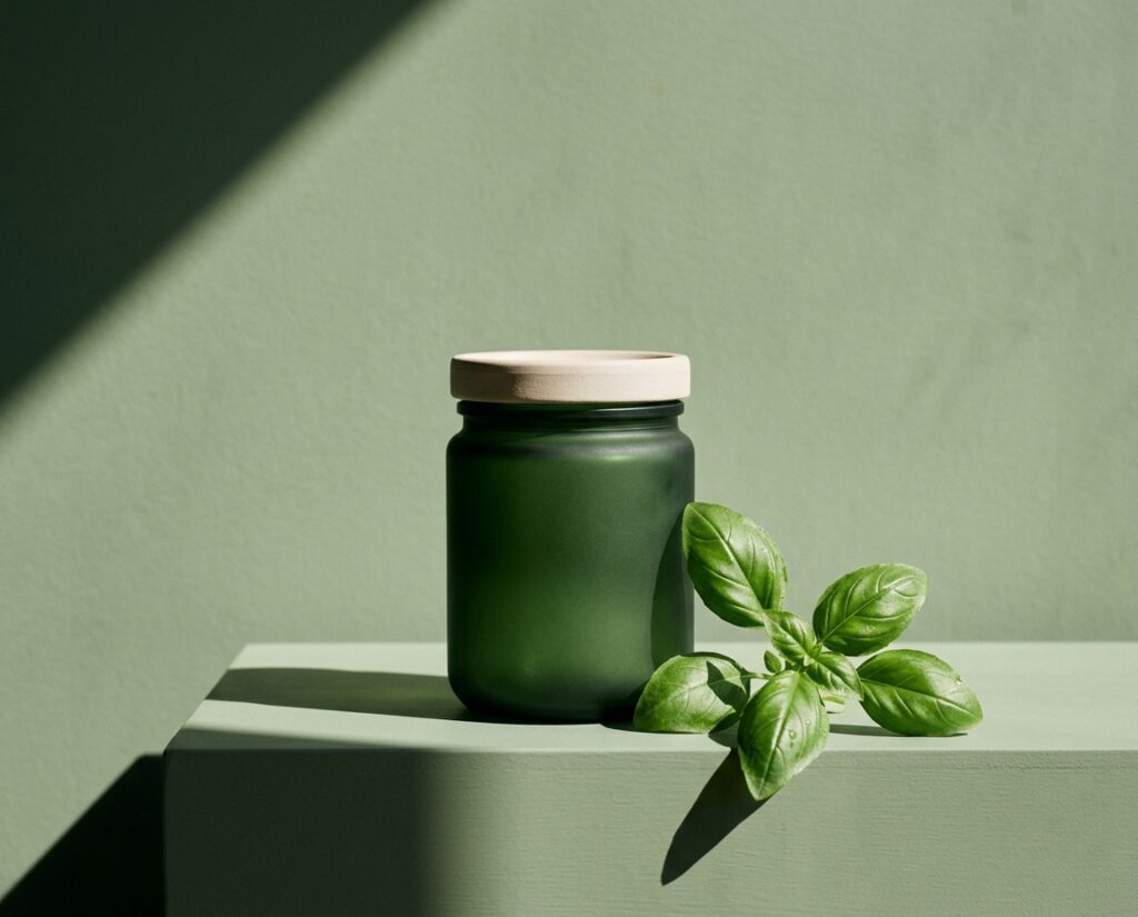 Matte green jar with a basil sprig on sage